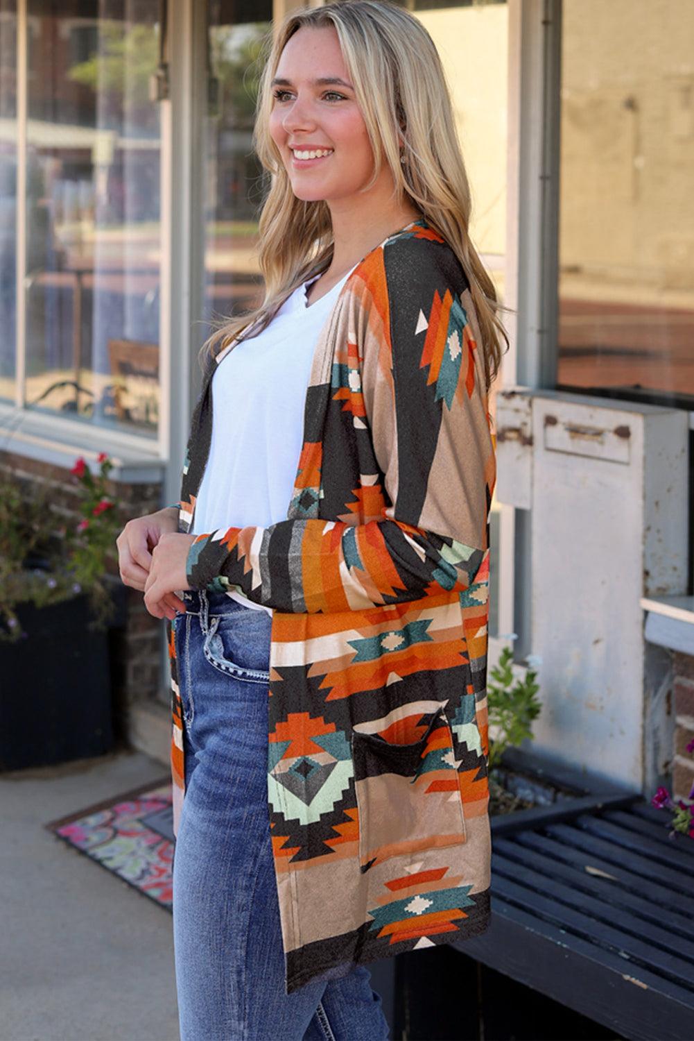 Geometric Open Front Long Sleeve Cardigan with Pockets Carauana Store