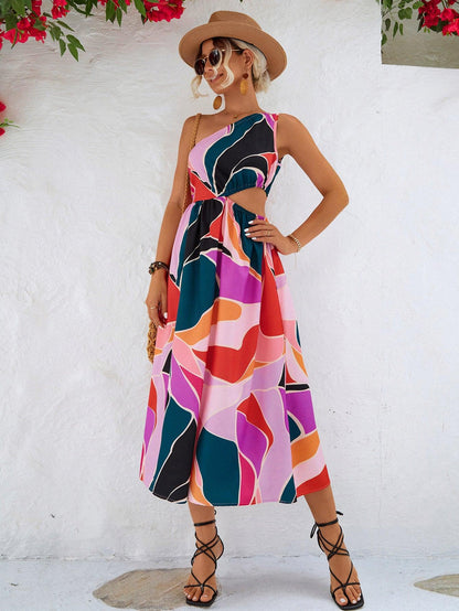 Printed Cutout One-Shoulder Sleeveless Dress Carauana Store