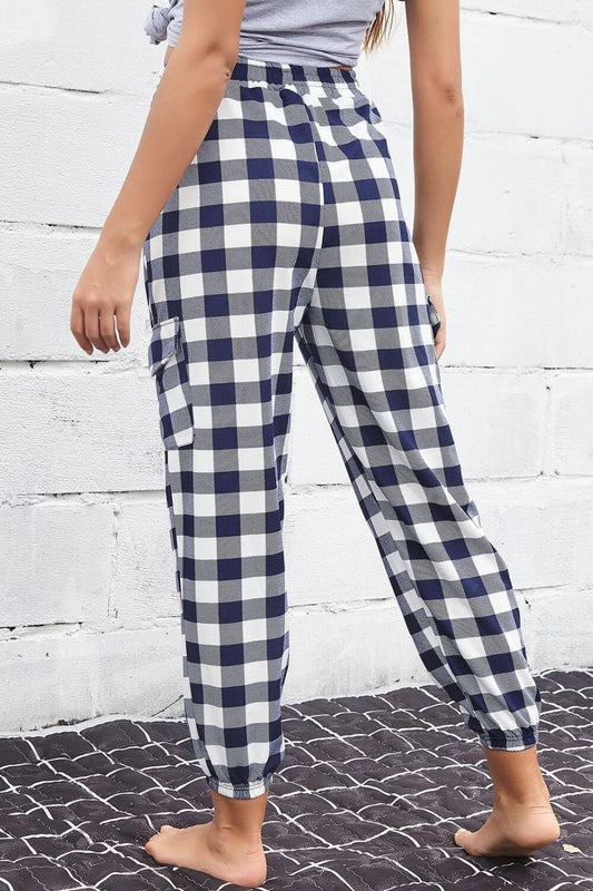 Plaid Elastic High Waist Cargo Pants Carauana Store