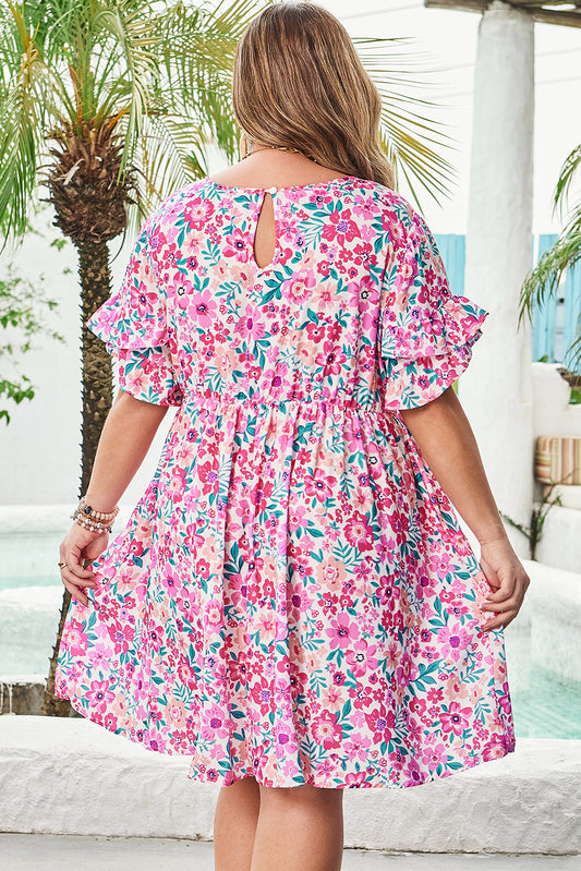 White Plus Size Floral Print Frilled Short Sleeve Flare Dress