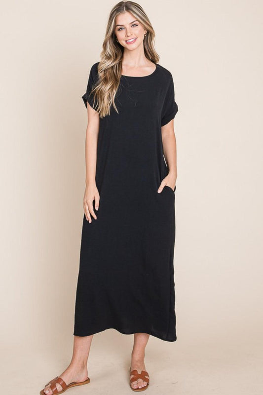 BOMBOM Round Neck Short Sleeve Midi Dress with Pockets Carauana Store