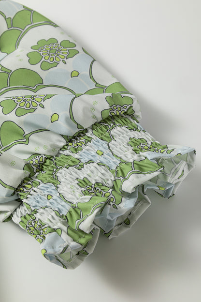 Blouse d'été à manches courtes et volants, imprimé floral vert nuageux