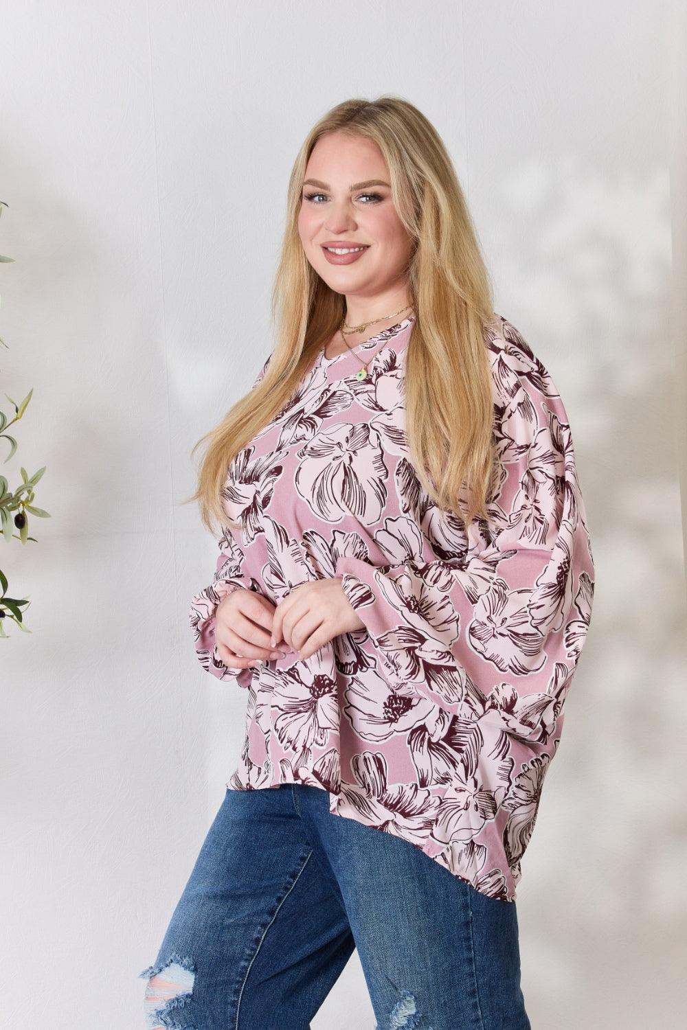 Heimish Full Size Floral V-Neck Balloon Sleeve Blouse Carauana Store