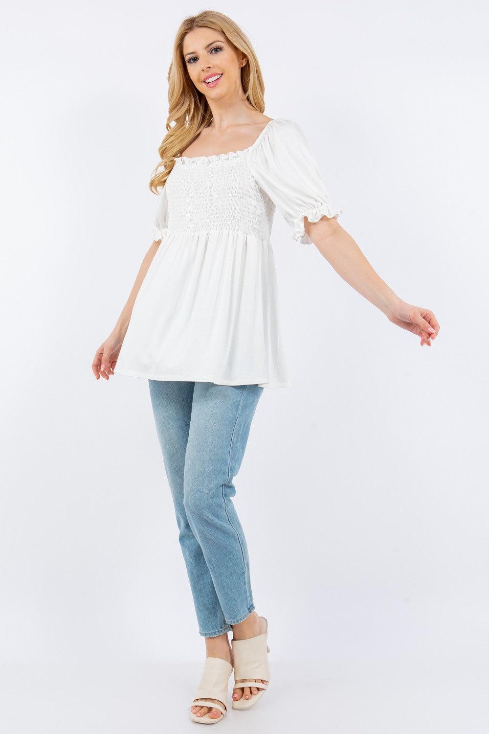 Celeste Full Size Ruffled Short Sleeve Smocked Blouse Carauana Store