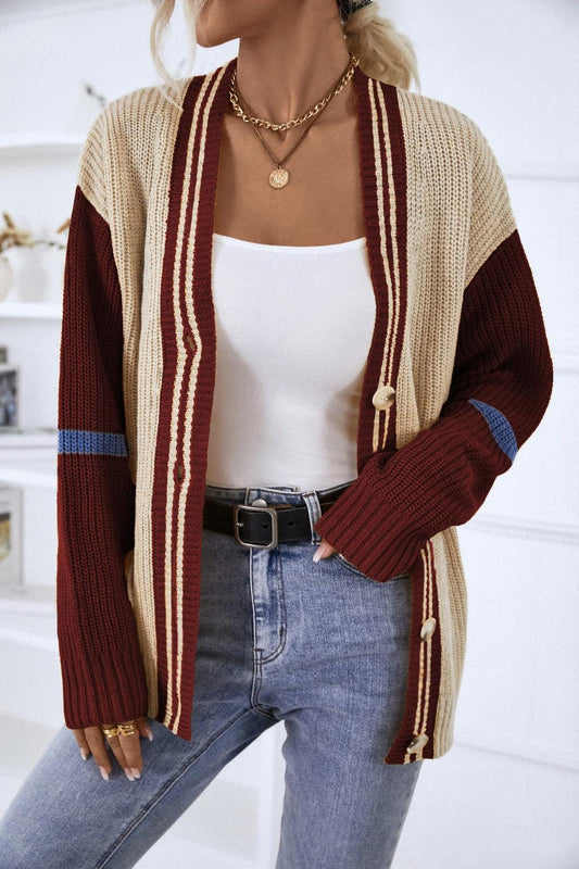 Contrast Button Up Dropped Shoulder Cardigan Carauana Store