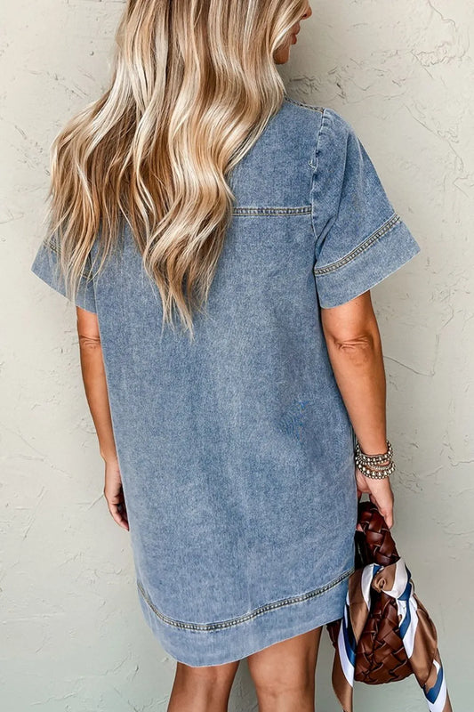 Short Sleeve Collared Patched Pocket Denim Mini Dress Carauana Store