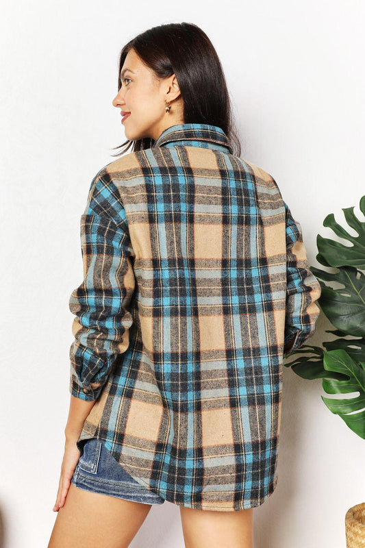 Double Take Plaid Curved Hem Shirt Jacket with Breast Pockets Carauana Store