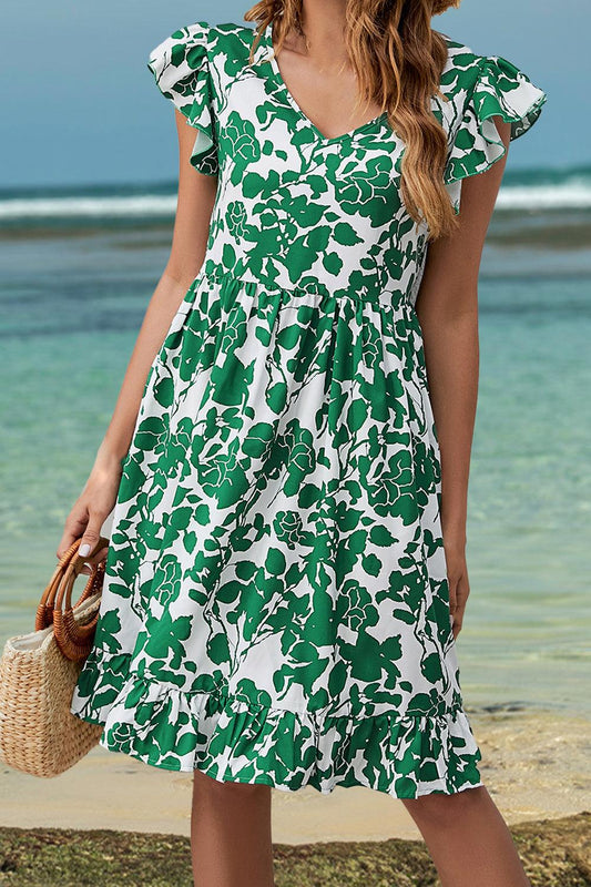 Ruffled Printed V-Neck Cap Sleeve Dress Carauana Store