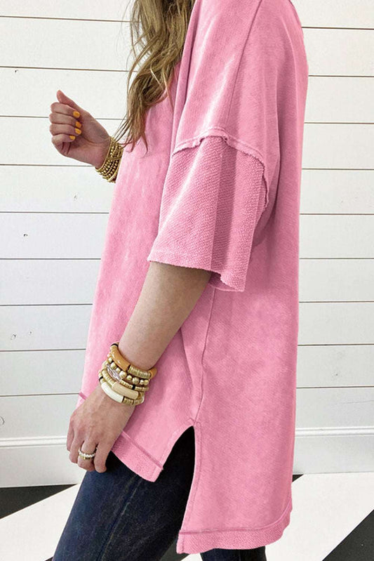 Strawberry Pink Mineral Wash Exposed Seam Drop Shoulder Oversized Tee CaRaUaNa Fashion