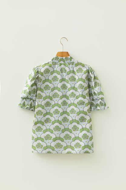 Blouse d'été à manches courtes et volants, imprimé floral vert nuageux