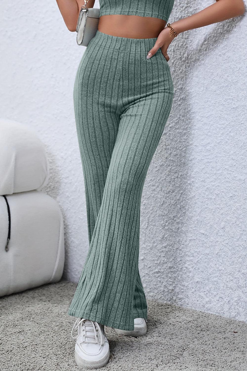 Basic Bae Full Size Ribbed High Waist Flare Pants Carauana Store