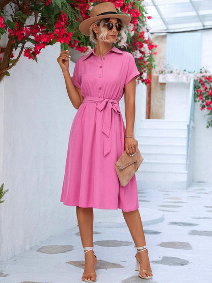 Buttoned Tie Waist Short Sleeve Dress Carauana Store