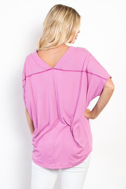 Be Stage Full Size V-Neck Short Sleeve Ribbed Top Carauana Store