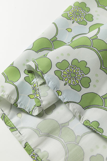 Blouse d'été à manches courtes et volants, imprimé floral vert nuageux