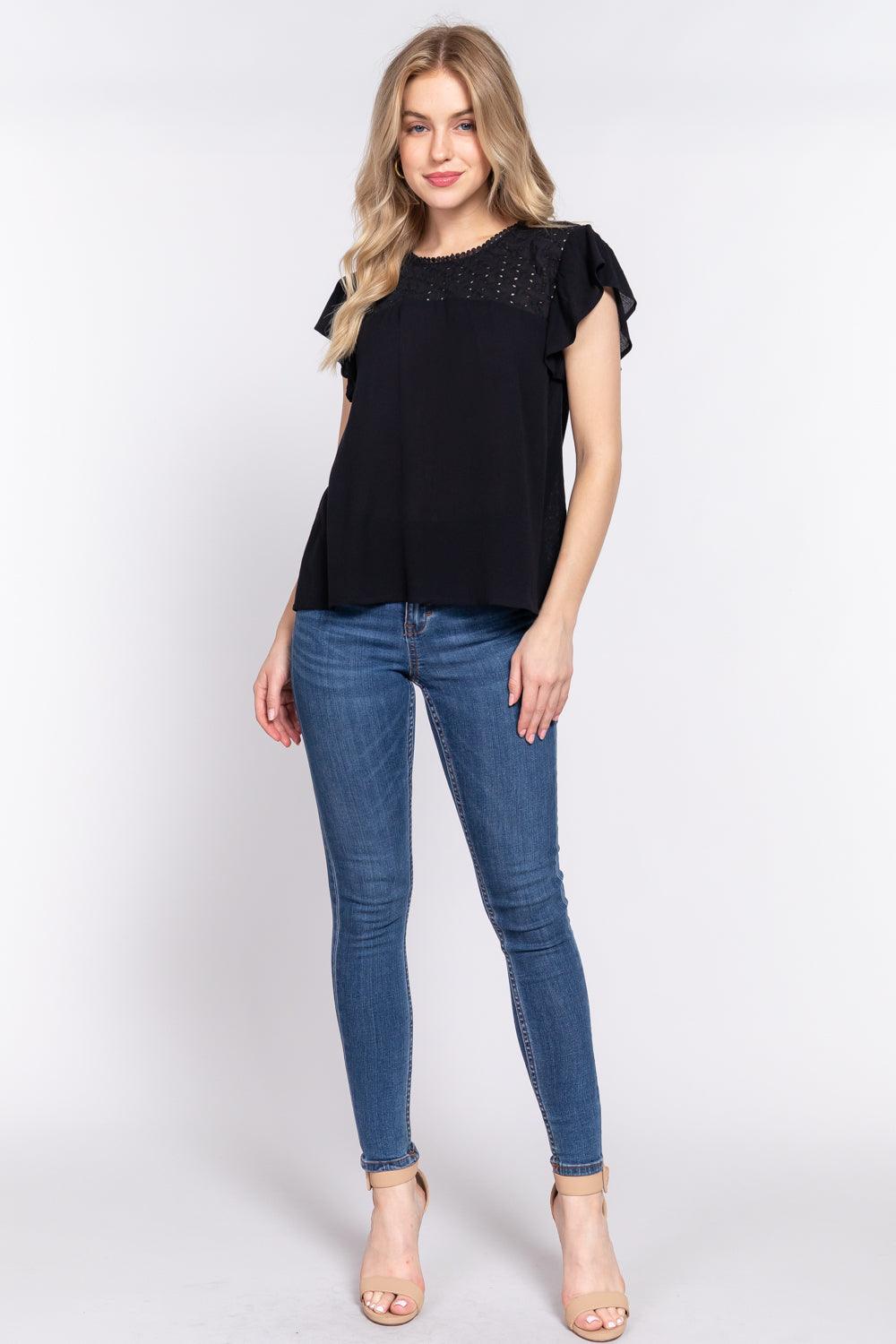 ACTIVE BASIC Ruffle Short Sleeve Crochet Blouse Carauana Store