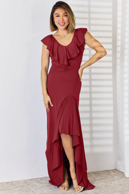 Ruffled V-Neck High-Low Dress Carauana Store