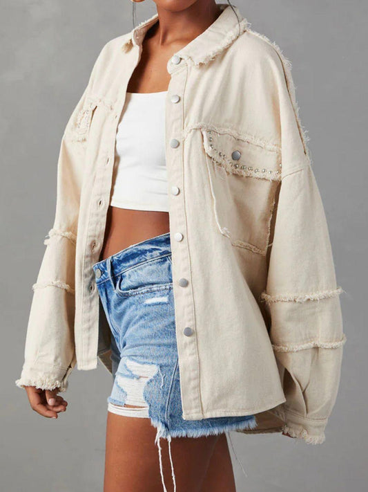 Button Down Raw Hem Denim Jacket Carauana Store