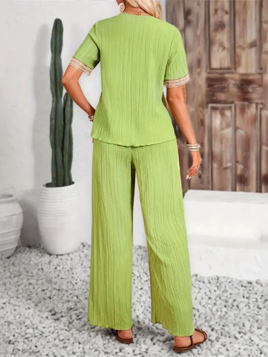 V-Neck Short Sleeve Top and Pants Set Carauana Store