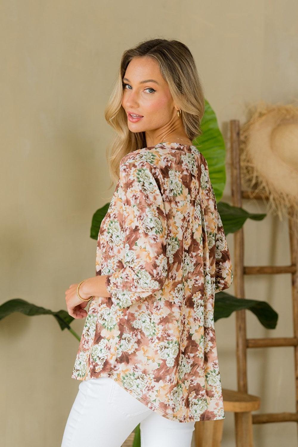 Sew In Love Full Size Wrinkle-Free Floral Notched Top Carauana Store
