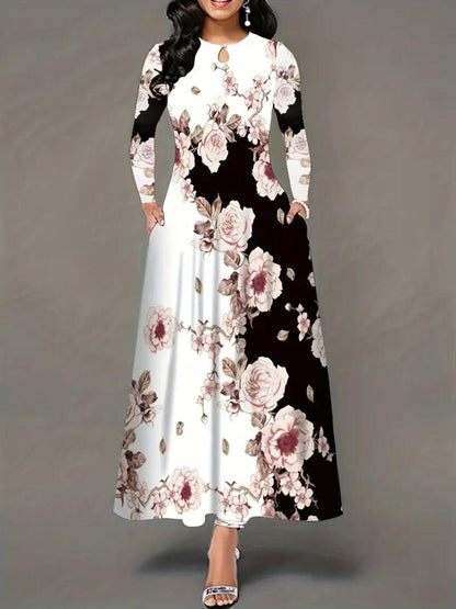 Pocketed Printed Long Sleeve Dress Carauana Store