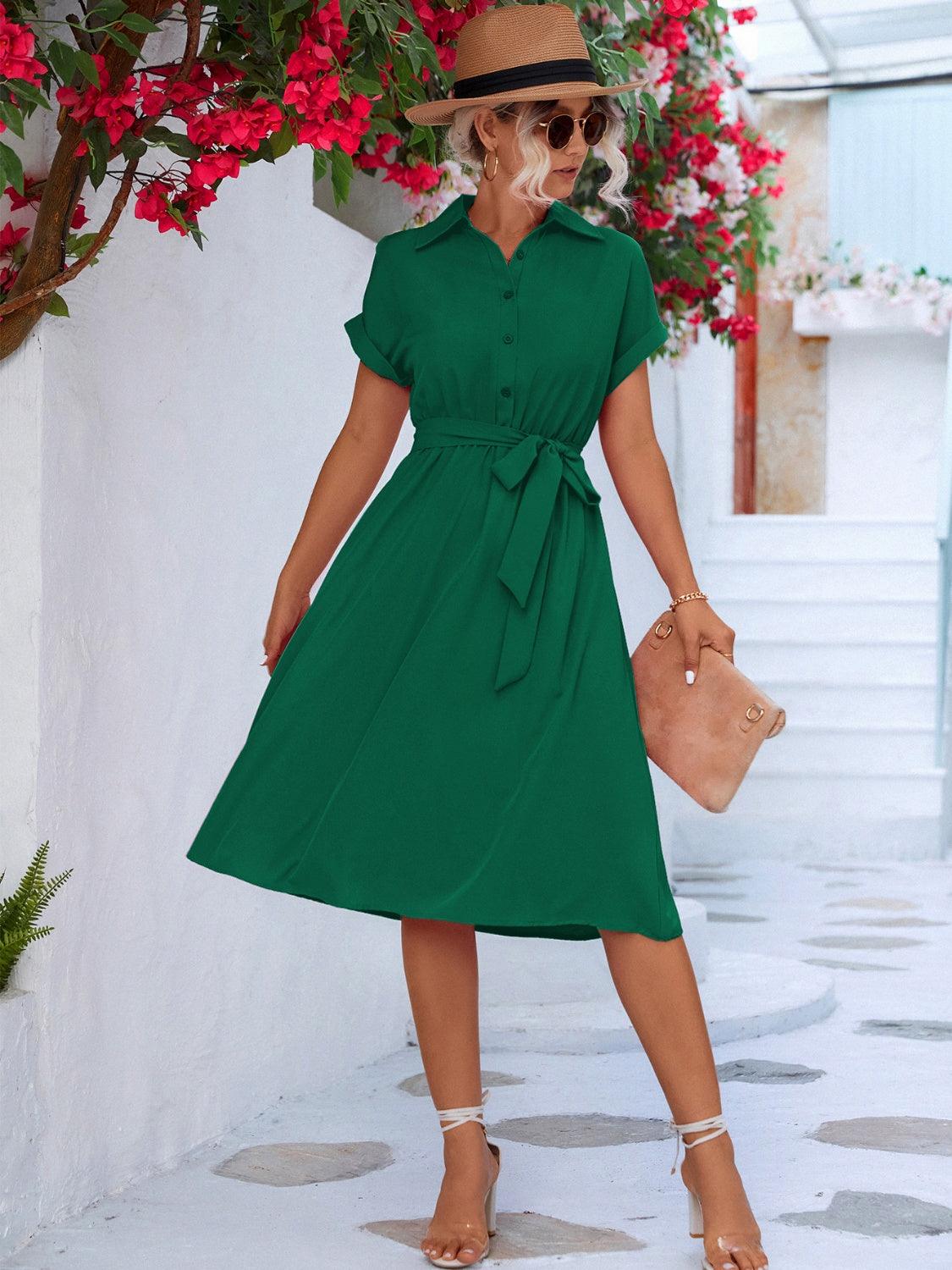Buttoned Tie Waist Short Sleeve Dress Carauana Store
