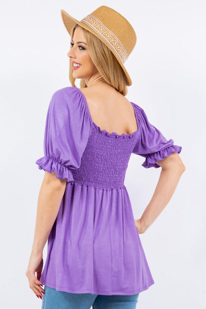 Celeste Full Size Ruffled Short Sleeve Smocked Blouse Carauana Store