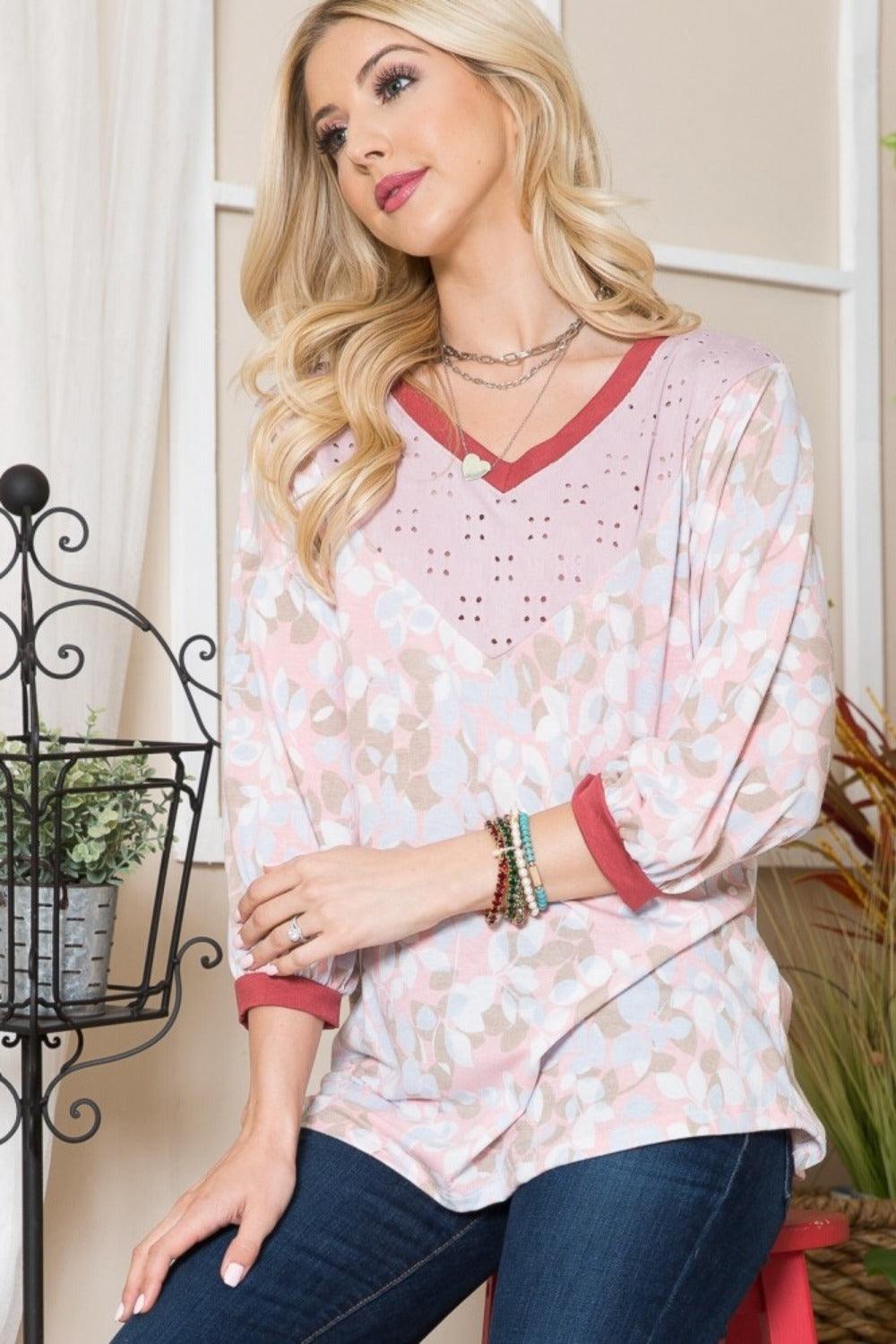 Celeste Full Size Leaf Print Contrast Trim Balloon Sleeve Top Carauana Store