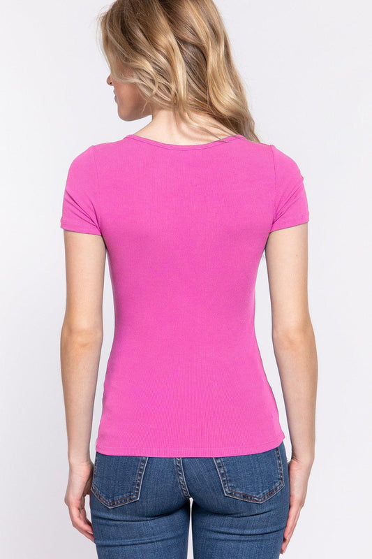 ACTIVE BASIC Lace Up Short Sleeve Rib Knit T-Shirt Carauana Store