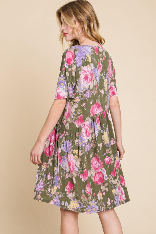 BOMBOM Flower Print V-Neck Ruched Dress Carauana Store