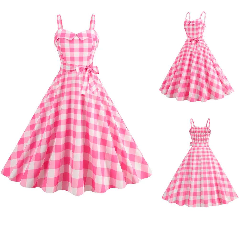 Barbie pink Dress - with a pink plaid pattern 2023 - trendy Strapless Cocktail Rockabilly Party Swing Sweet Girls for cocktail parties and rockabilly events