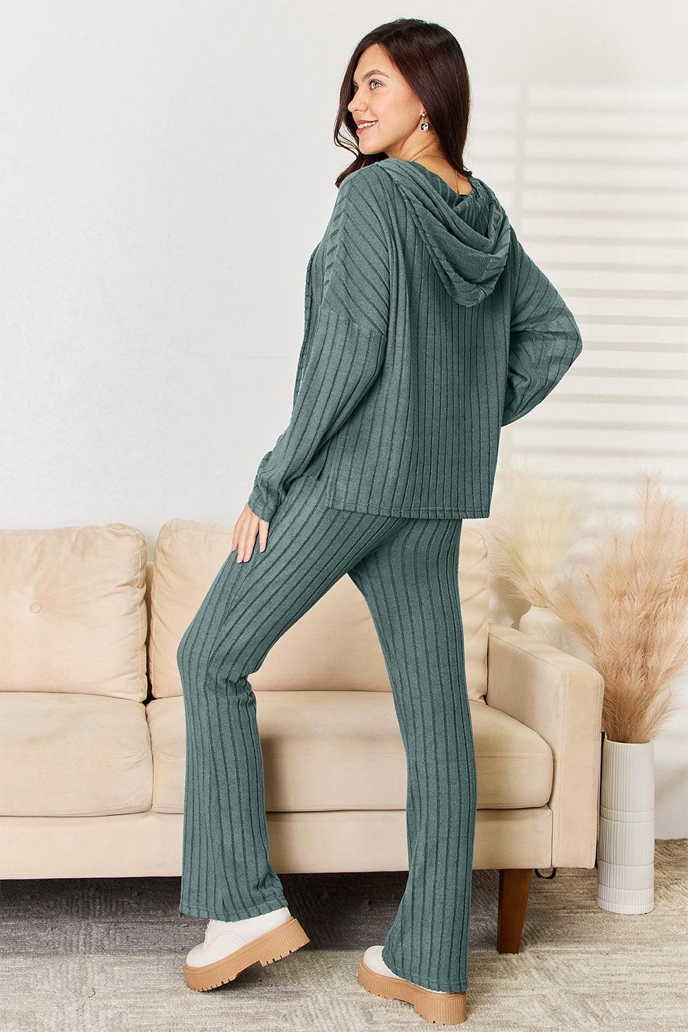 Basic Bae Full Size Ribbed Drawstring Hood Top and Straight Pants Set Carauana Store