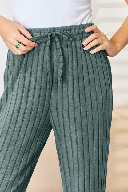 Basic Bae Full Size Ribbed Drawstring Hood Top and Straight Pants Set Carauana Store