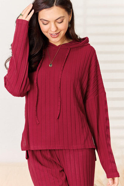 Basic Bae Full Size Ribbed Drawstring Hood Top and Straight Pants Set Carauana Store