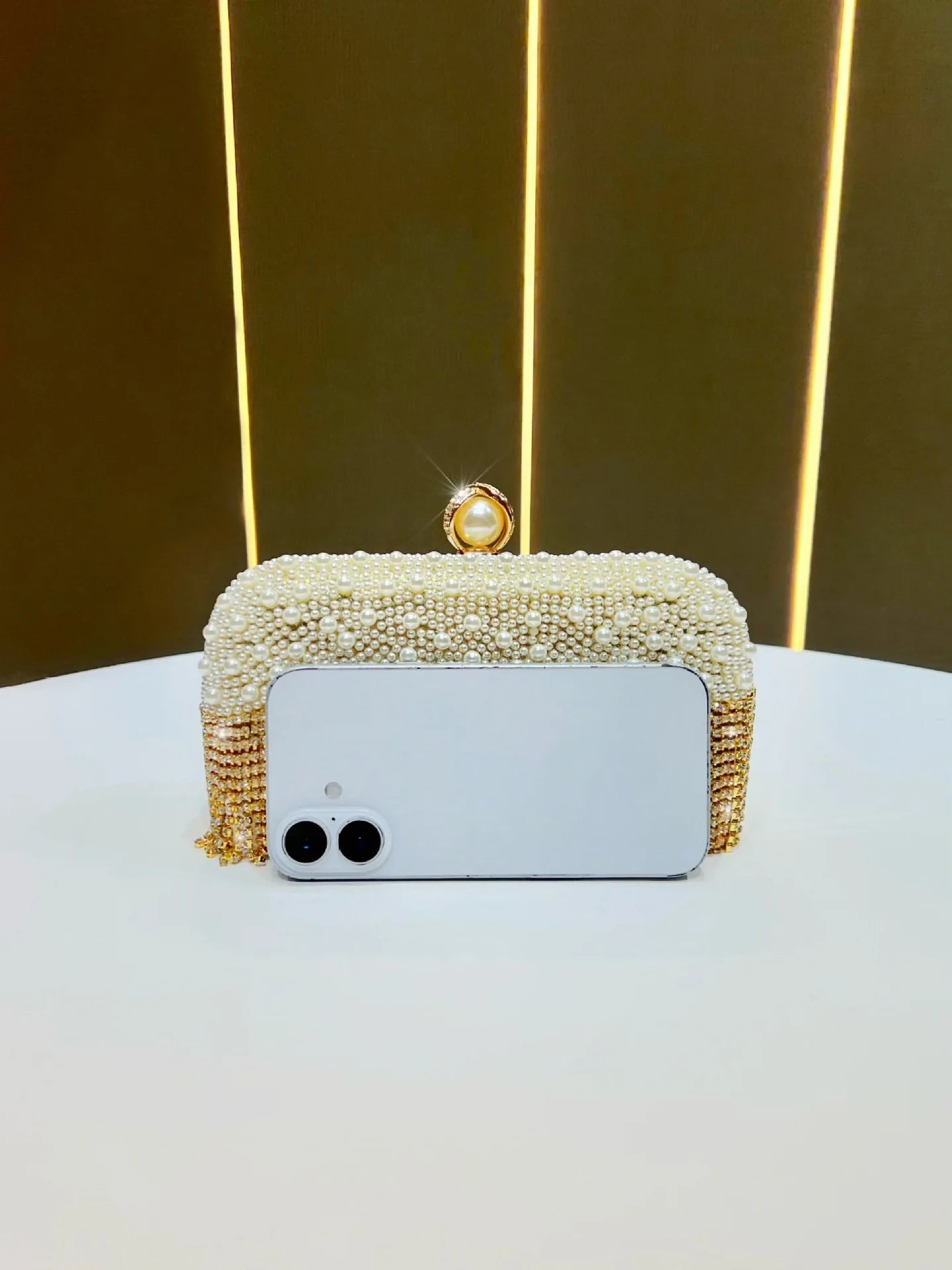 Carauana Pearl Clutch Purse golden with Phone beaded.