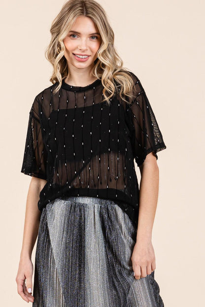 GeeGee Round Neck Drop Shoulder Mesh Glitter Top Carauana Store