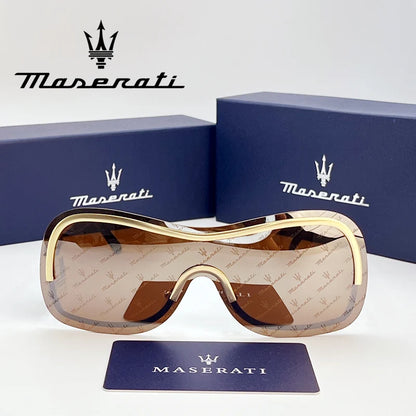 Maserati sunglasses with gold frame and brown lenses, displayed with Maserati logo and packaging.