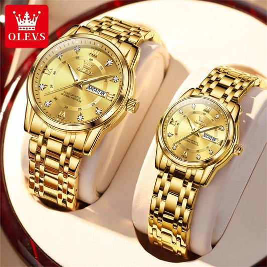 OLEVS Couple Watch Pair for Men and Women Stainless Steel Waterproof Men's Watches Luxury Gold Diamond Lover's Wristwatches 2023 Carauana Store