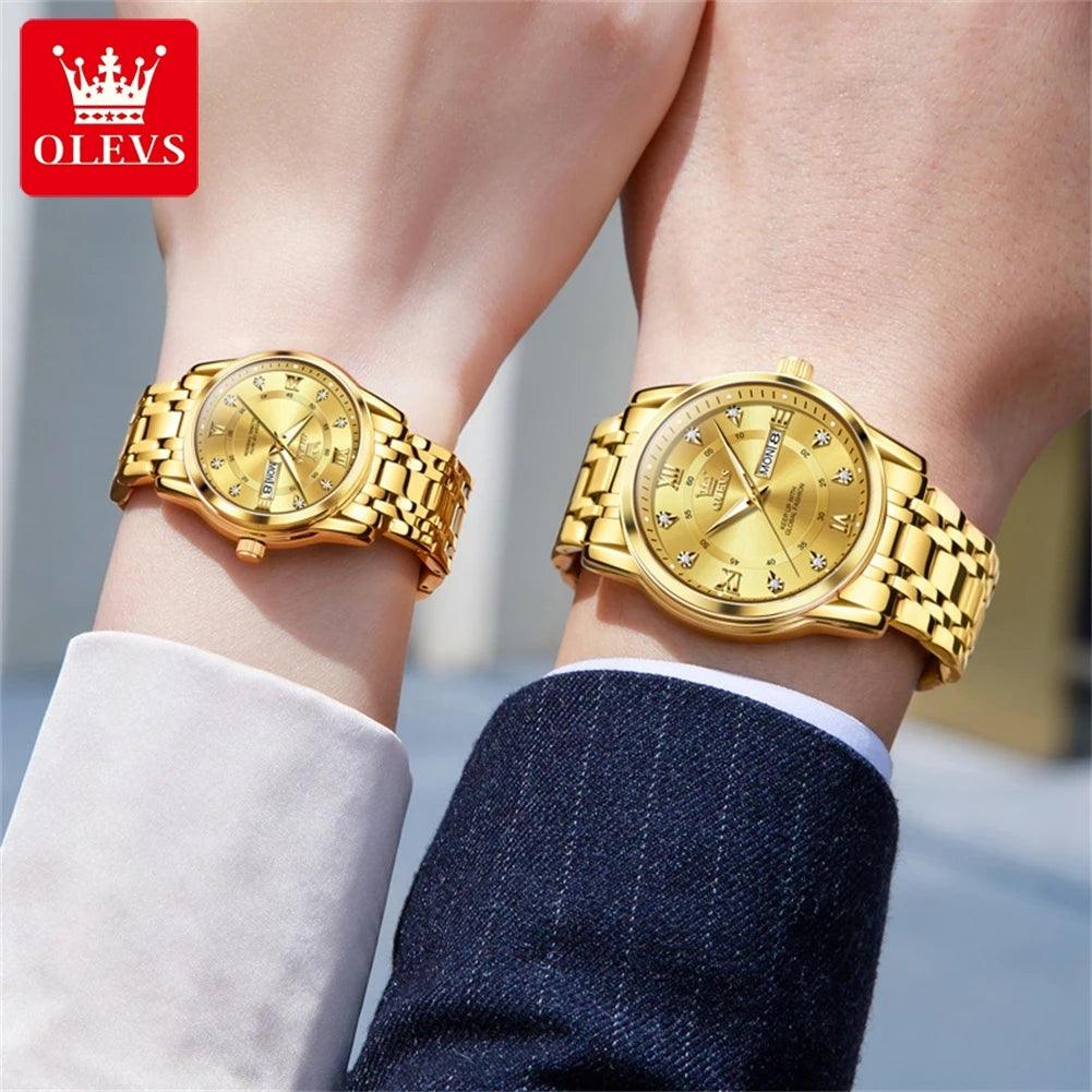 OLEVS Couple Watch Pair for Men and Women Stainless Steel Waterproof Men's Watches Luxury Gold Diamond Lover's Wristwatches 2023