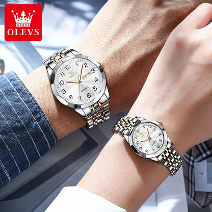 OLEVS Dance of Time: Stainless Steel Elegance with Eternal Calendars Couple's Watches Box Set