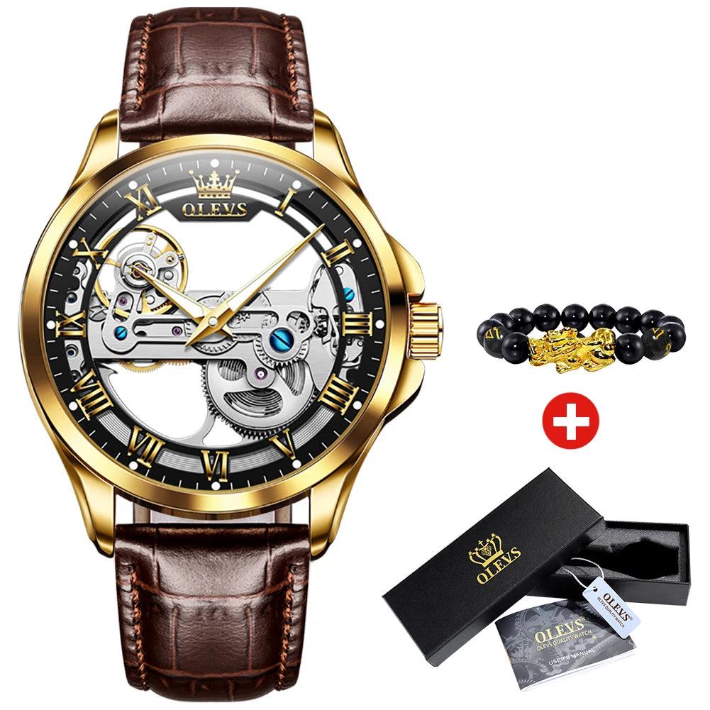 OLEVS Men's Automatic Mechanical Waterproof Luxury Wristwatch with Luminous Leather Strap - Gift Box Included