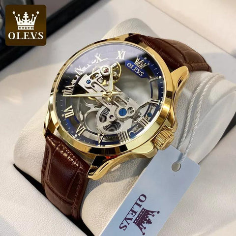 OLEVS Men's Automatic Mechanical Waterproof Luxury Wristwatch with Luminous Leather Strap - Gift Box Included