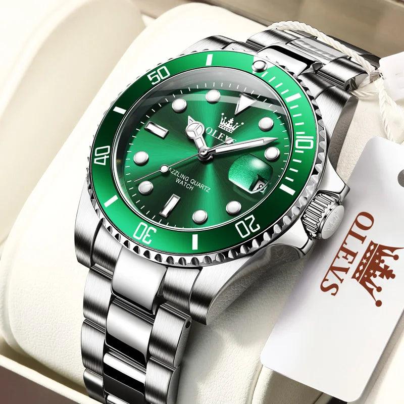 OLEVS Mens Watches Top Brand Luxury Fashion Waterproof Luminous Hand Green Dial Quartz Sports Wristwatch Gifts for Men