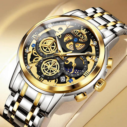 OLEVS Men's Watches Top Brand Luxury Original Waterproof Quartz Watch for Man Gold Skeleton Style 24 Hour Day Night New