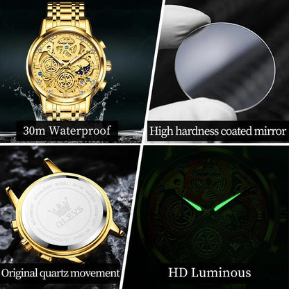 OLEVS Men's Watches Top Brand Luxury Original Waterproof Quartz Watch for Man Gold Skeleton Style 24 Hour Day Night New