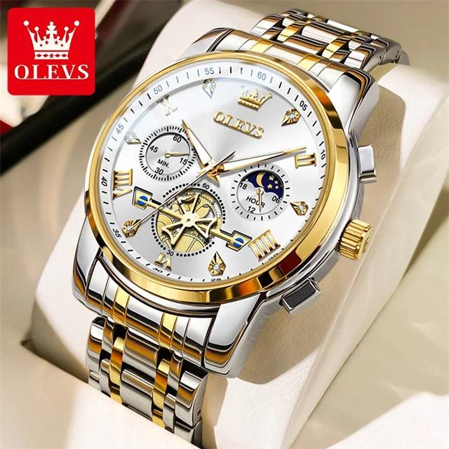 OLEVS Stainless Steel Men's Watches Chronograph Moon Phase Waterproof Luminous Quartz Wrist Watch for Men Luxury Brand Man Watch