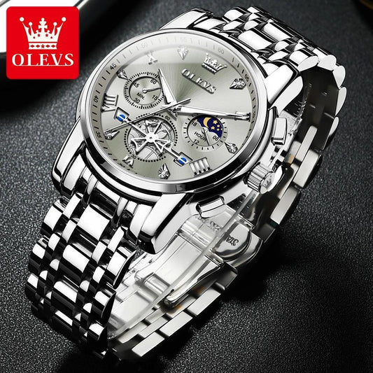 OLEVS Stainless Steel Men's Watches Chronograph Moon Phase Waterproof Luminous Quartz Wrist Watch for Men Luxury Brand Man Watch Carauana Store