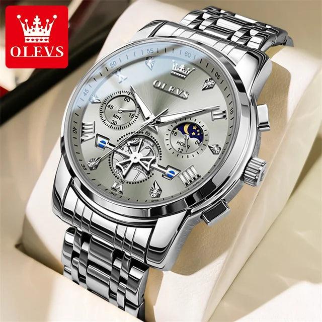 OLEVS Stainless Steel Men's Watches Chronograph Moon Phase Waterproof Luminous Quartz Wrist Watch for Men Luxury Brand Man Watch