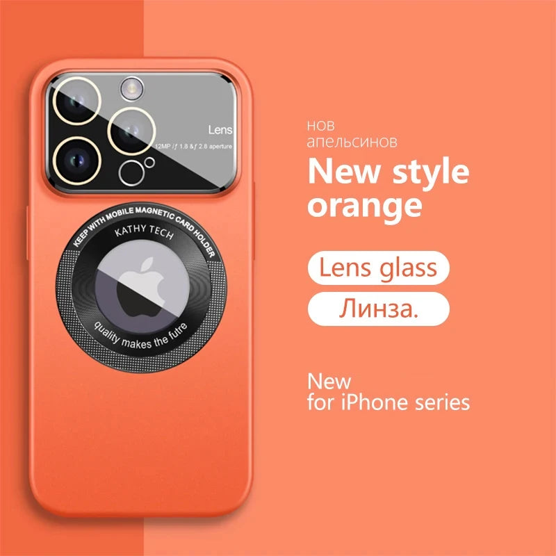 Orange phone case with lens glass on an orange background