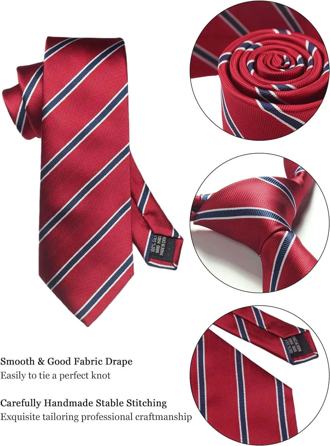 Red striped tie with close-up details