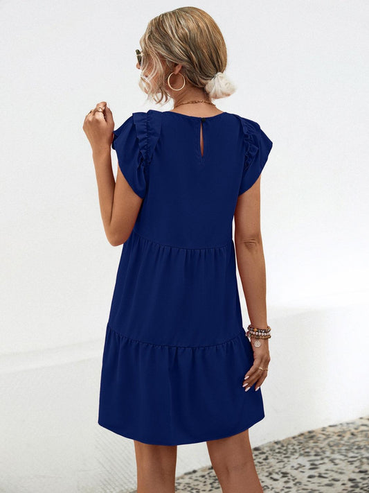 Ruffled Round Neck Cap Sleeve Mini Dress Carauana Store